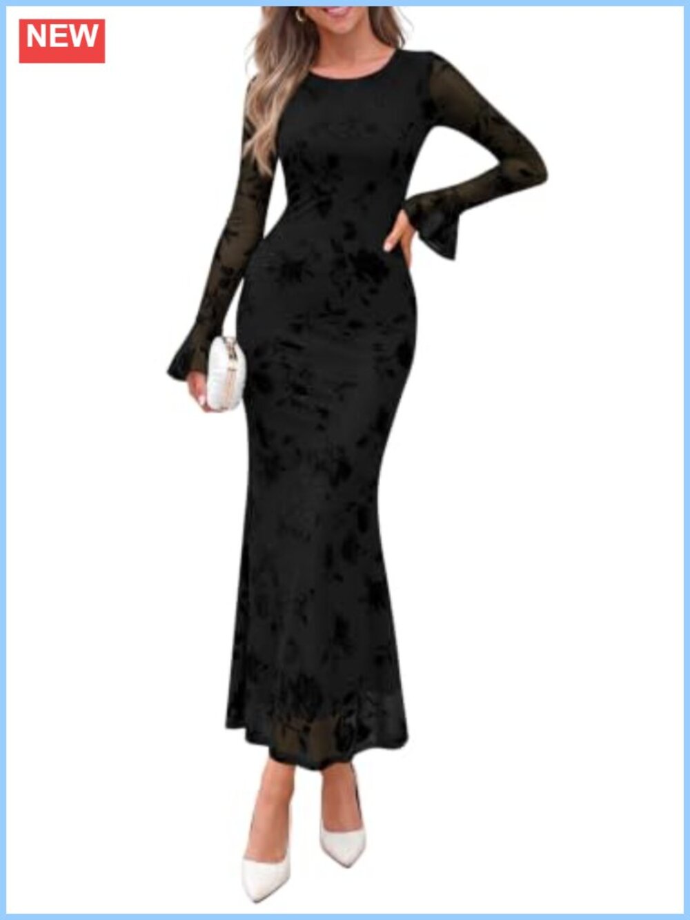 Women's Long Sleeve Maxi Floral Mesh Mermaid Dress Wedding Guest